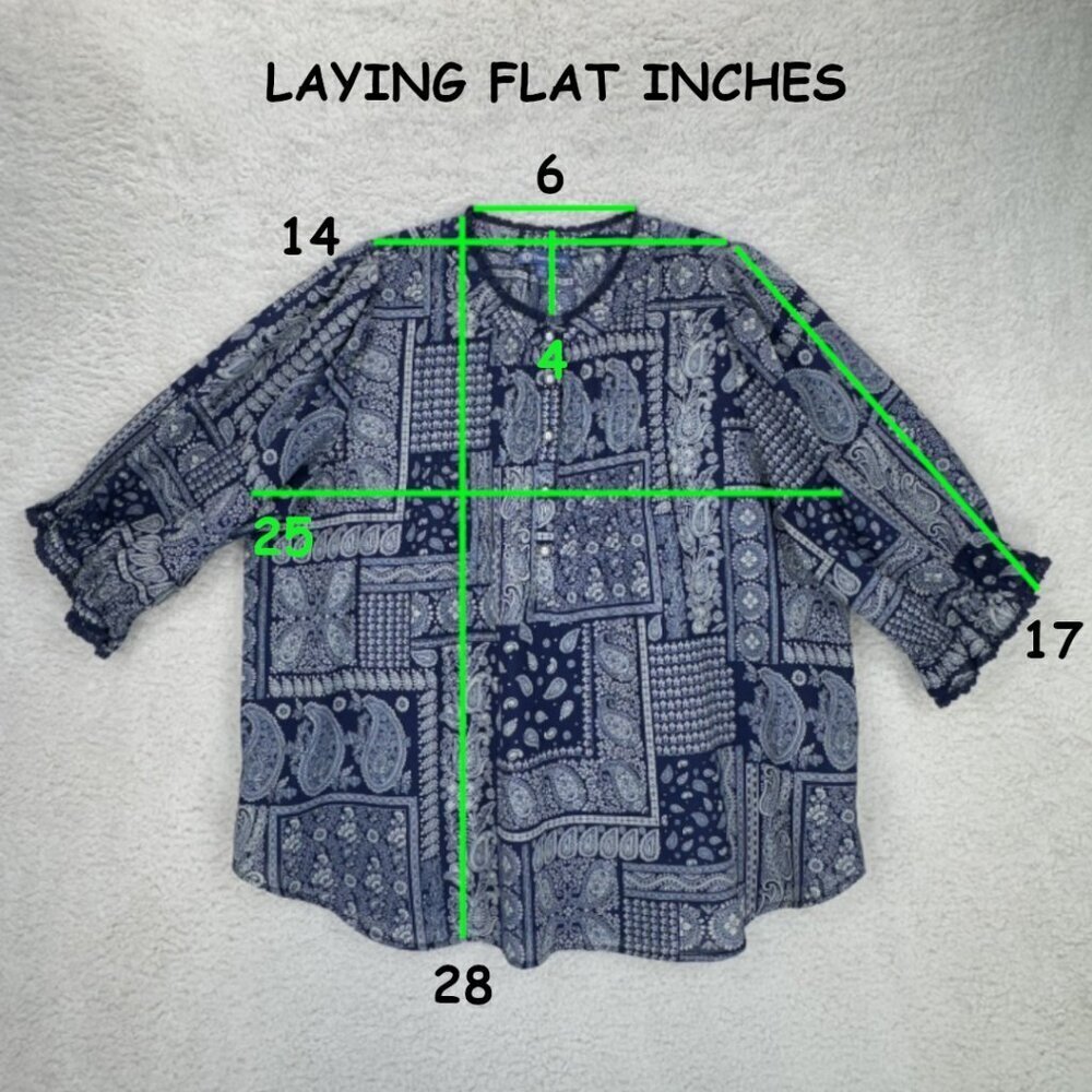 Democracy Top Patchwork Paisley Print Women Sze 1X Blue 3/4 Sleeve Blouse Boho - Picture 3 of 10